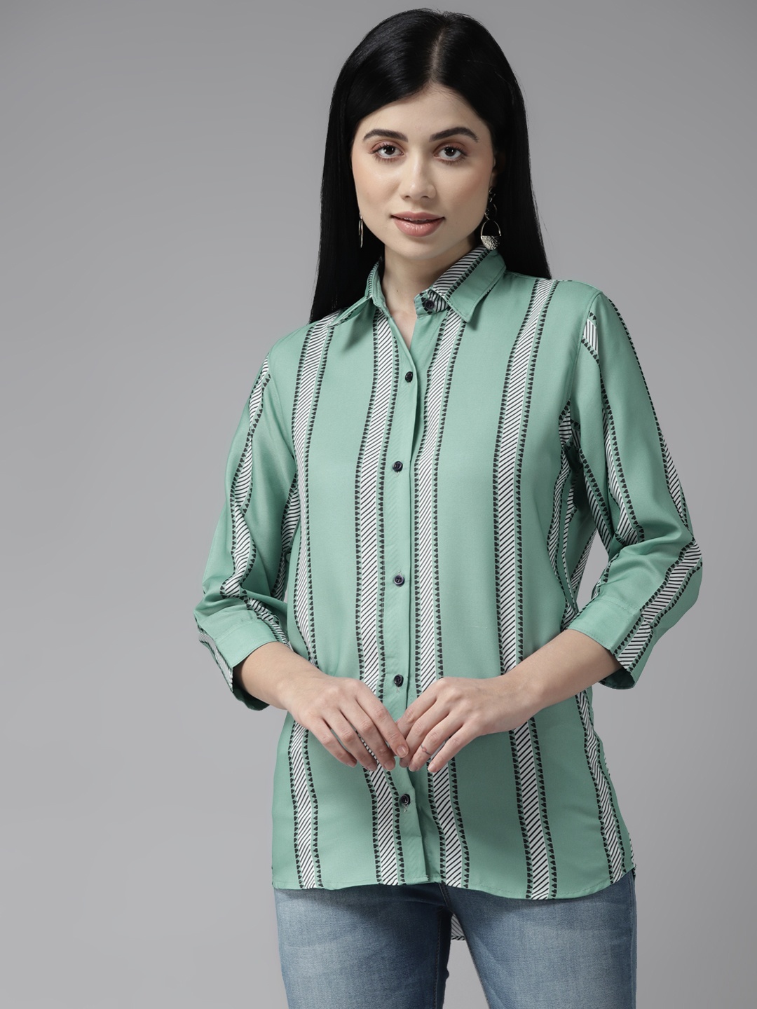 

Aarika Women Sea Green & White Striped Casual Shirt