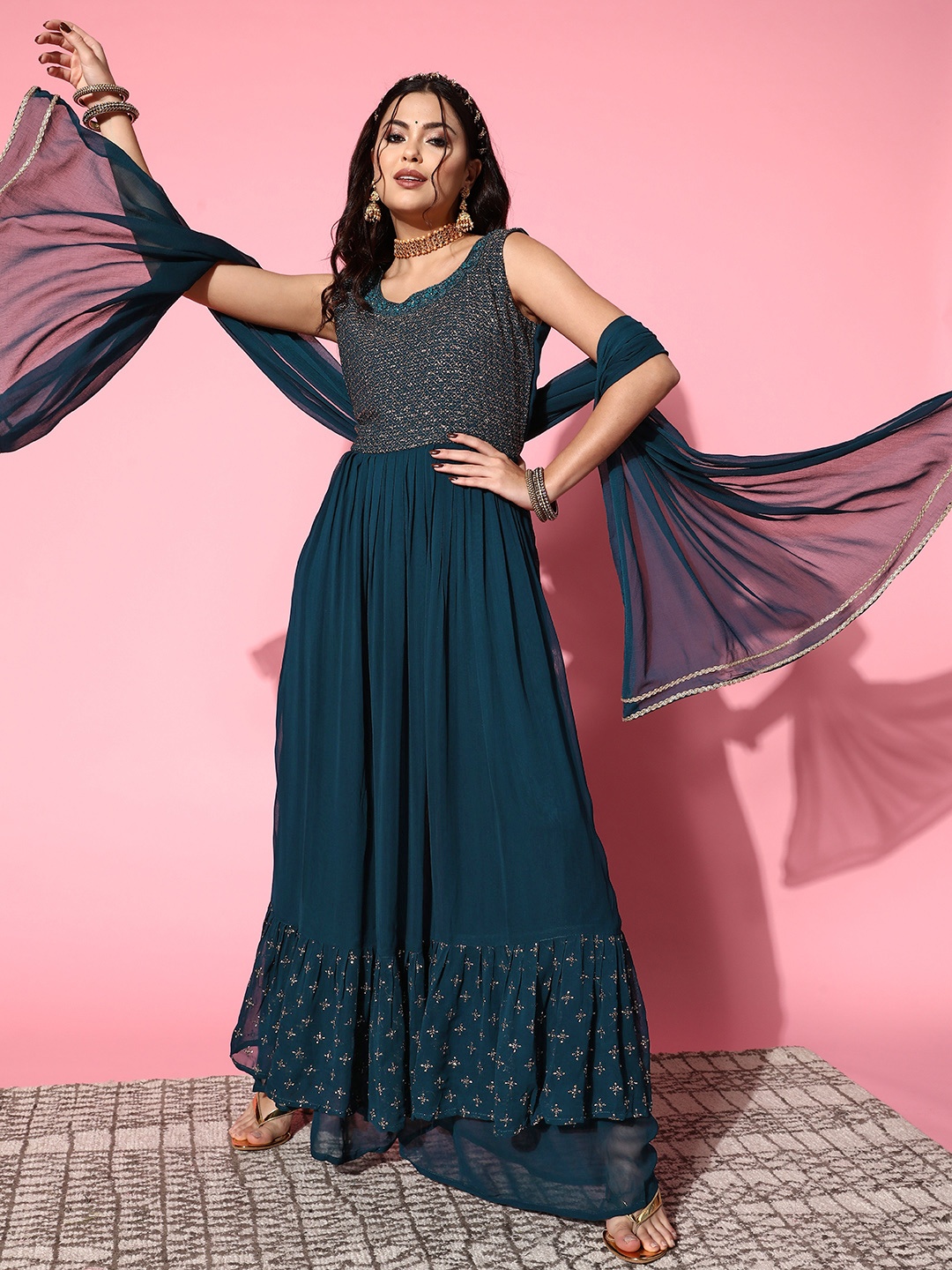 

ZOLA Women Ethnic Motifs Polyester Shimmer & Sequin Kurta Set, Teal