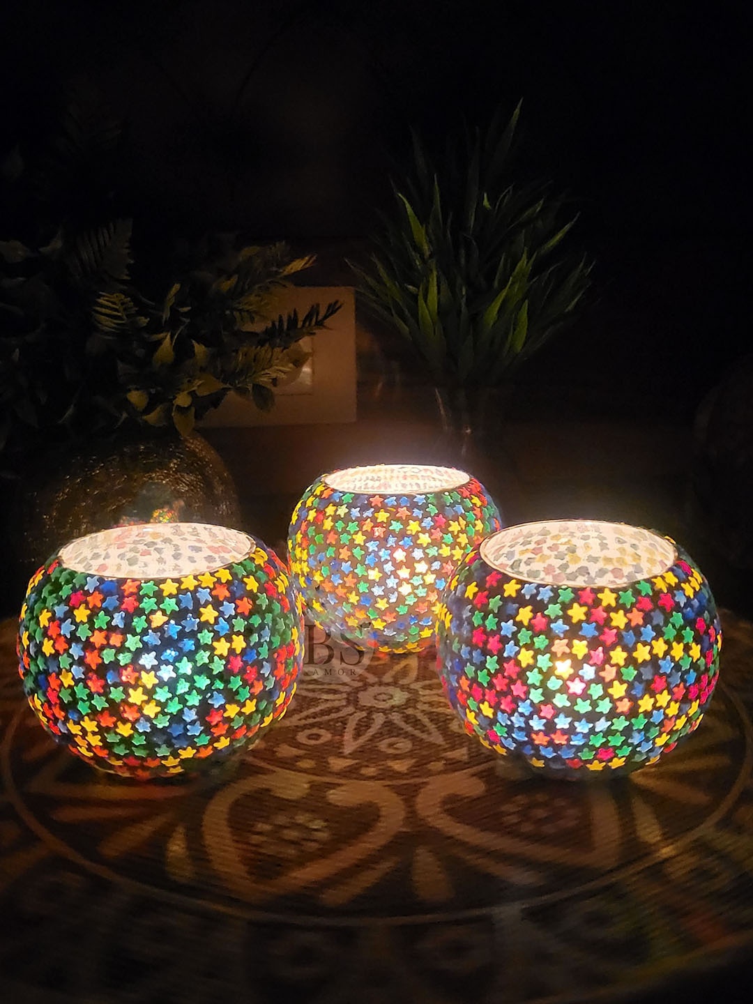 

BS AMOR Set of 3 Blue & Red Mosaic Glass Tea Light Candle Holders