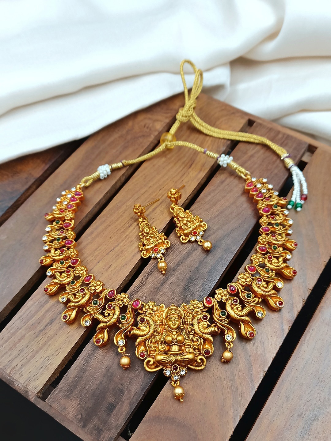 

StileAdda Gold-Plated Green & Pink Stone Studded Temple Jewellery Set