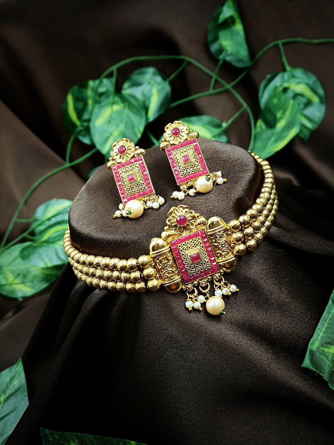 

StileAdda Gold-Plated & Red Stone-Studded Jewellery Set