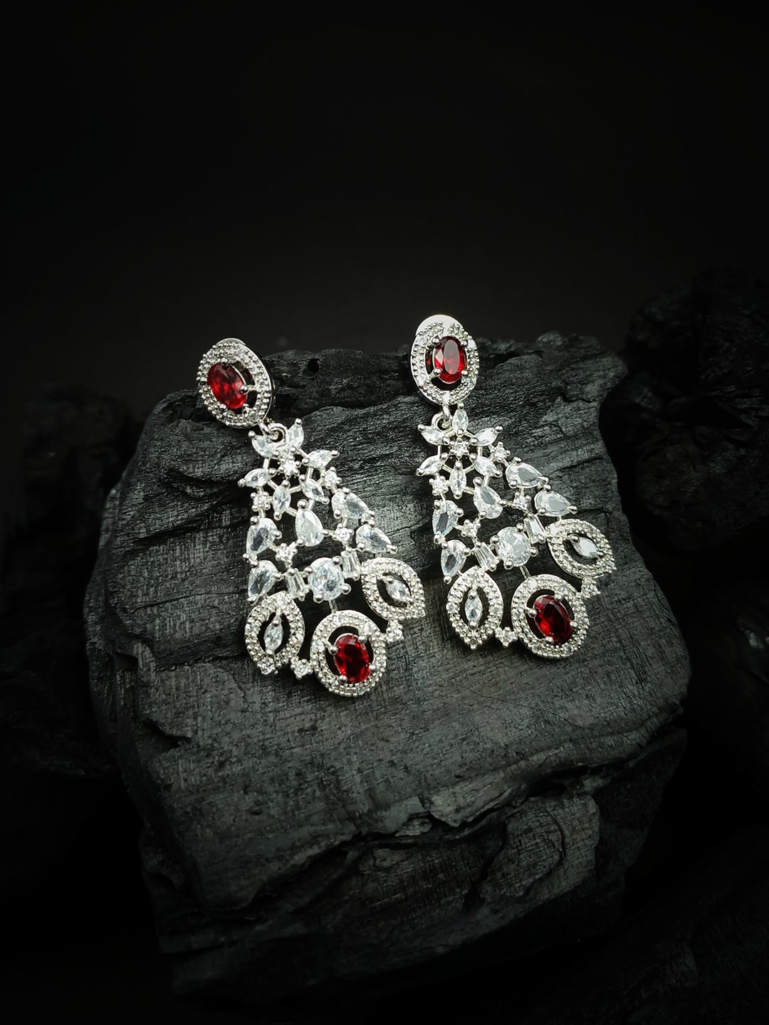 

StileAdda Silver-Plated Red & White CZ-Studded Jewellery Set