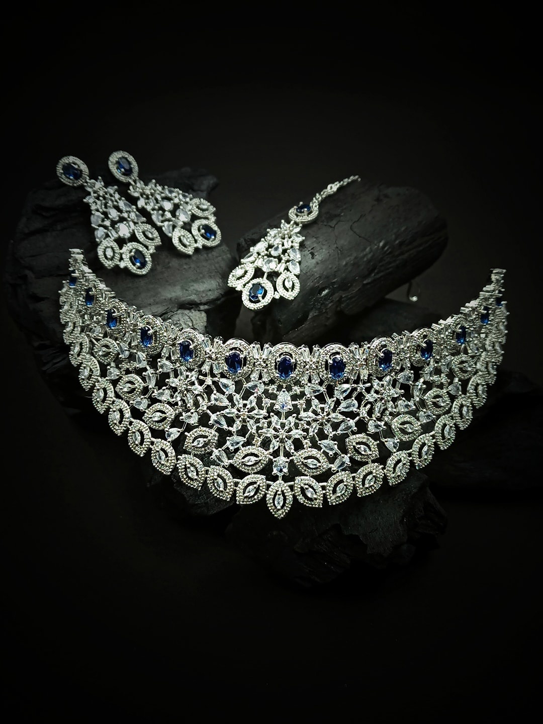 

StileAdda Silver-Plated Blue & White CZ-Studded & Beaded Jewellery Set