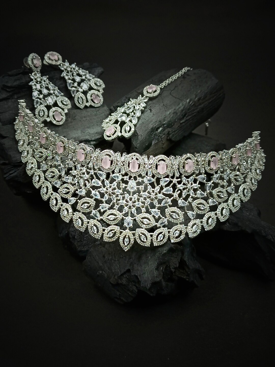 

StileAdda Silver-Plated Pink & White CZ-Studded Jewellery Set