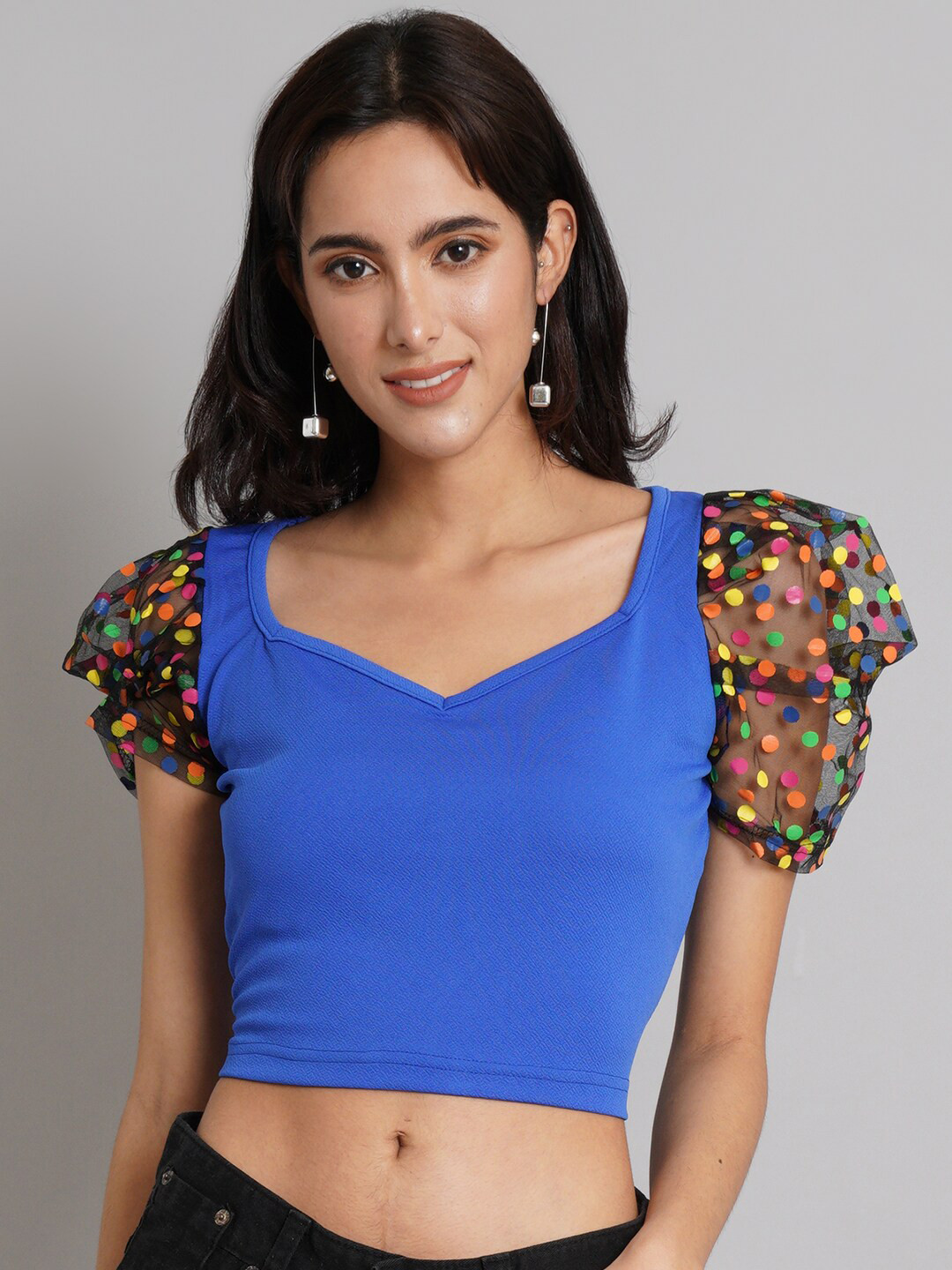 

Risirioutfit Women Blue & Black Sweetheart Neck Crop Top