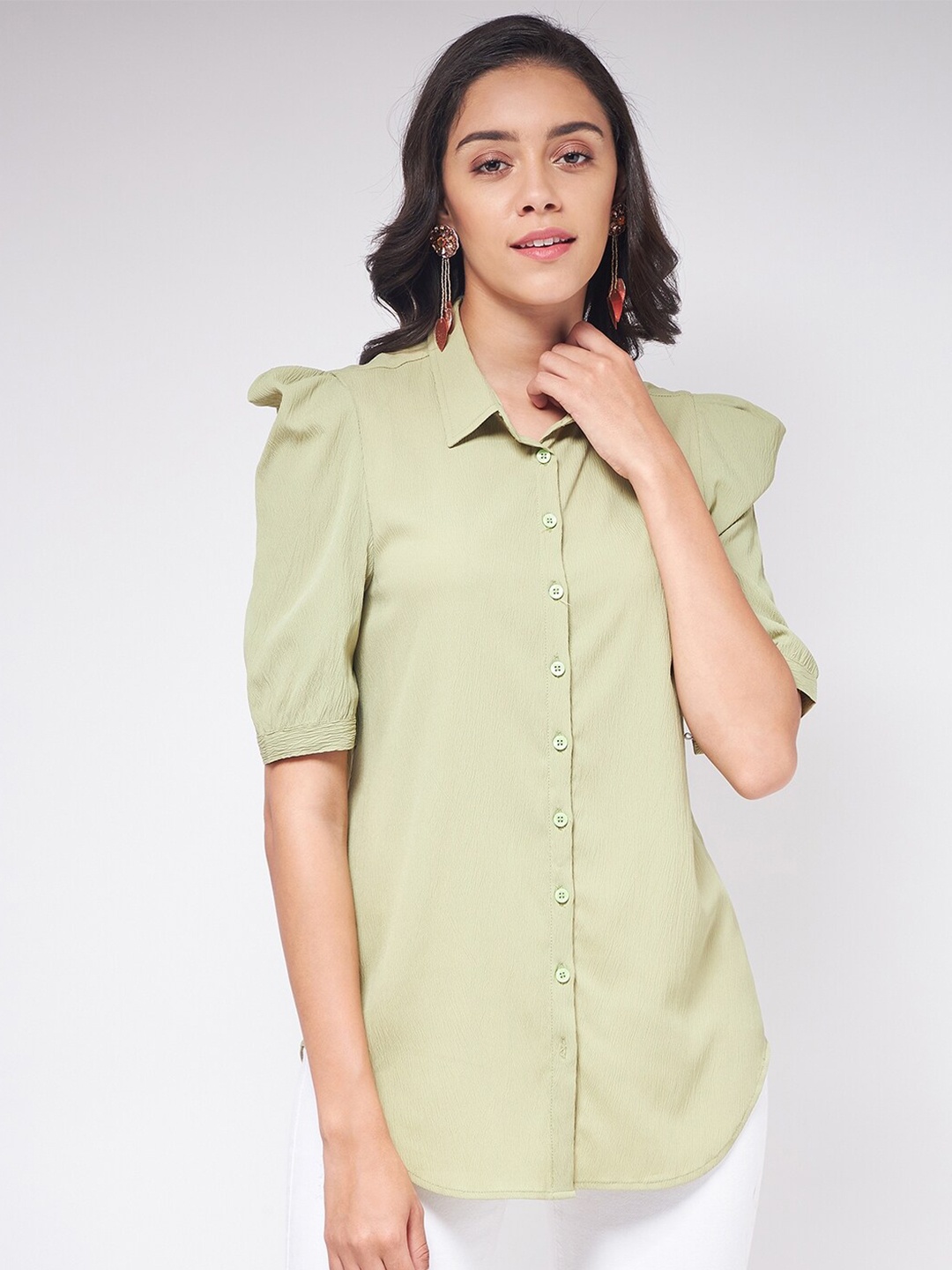 

Zima Leto Green Solid Crepe Puff Sleeves Shirt Style Top
