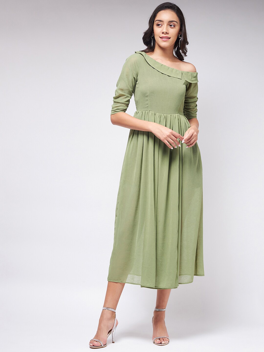 

Zima Leto Green Peter Pan Collar Chiffon Midi Dress