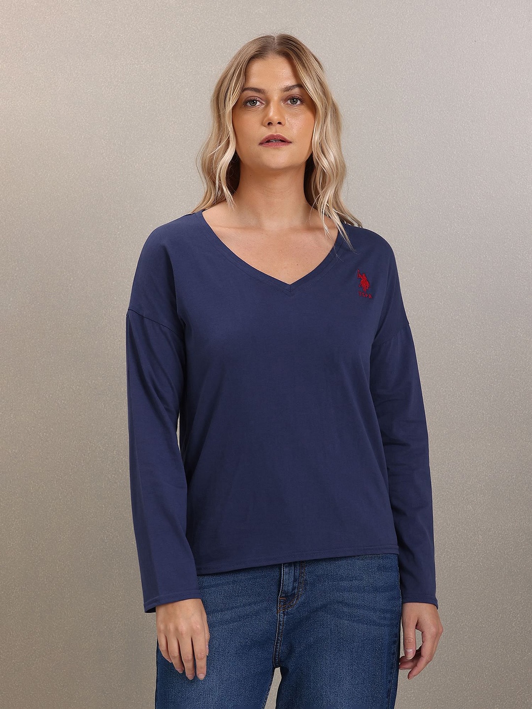 

U.S. Polo Assn. Women Blue V-Neck Cotton T-shirt