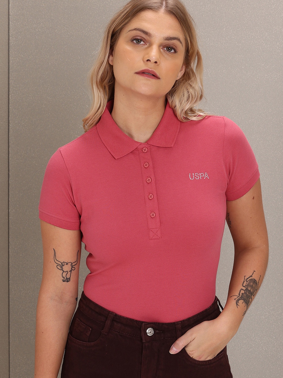 

U S Polo Assn Women Pink Polo Collar Slim Fit T-shirt