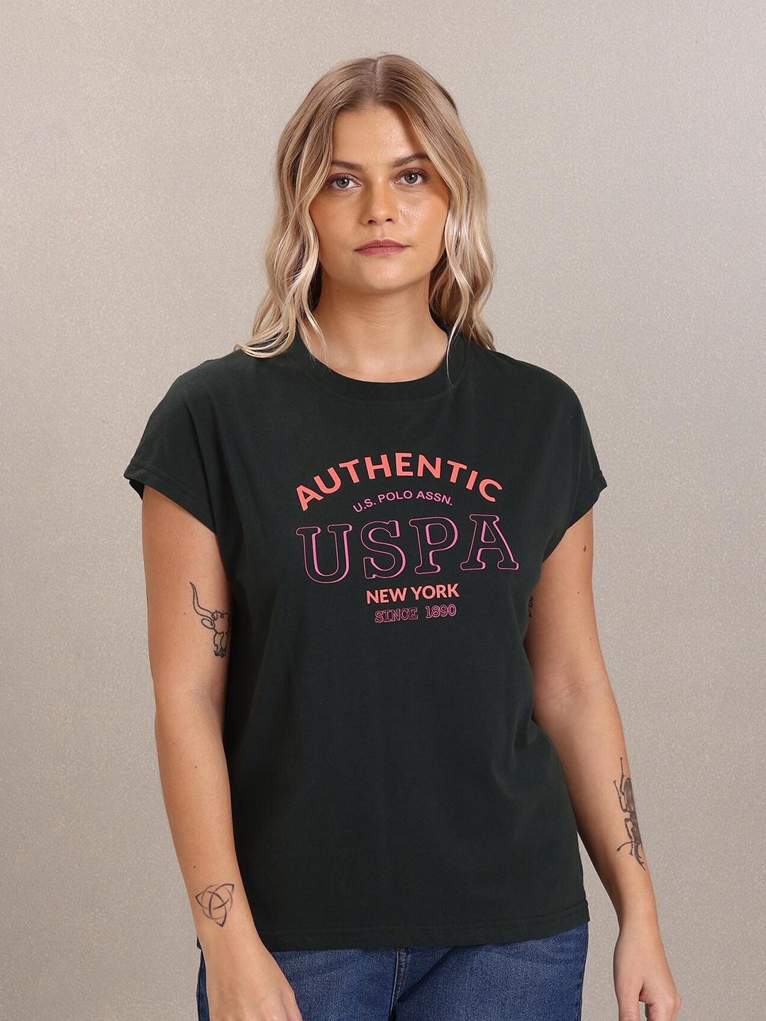 

U.S. Polo Assn. Women Green Typography Printed T-shirt