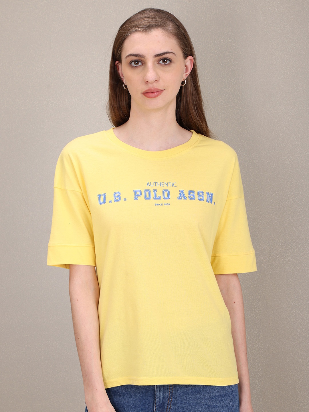 

U.S. Polo Assn. Women Yellow Typography Printed Cotton T-shirt