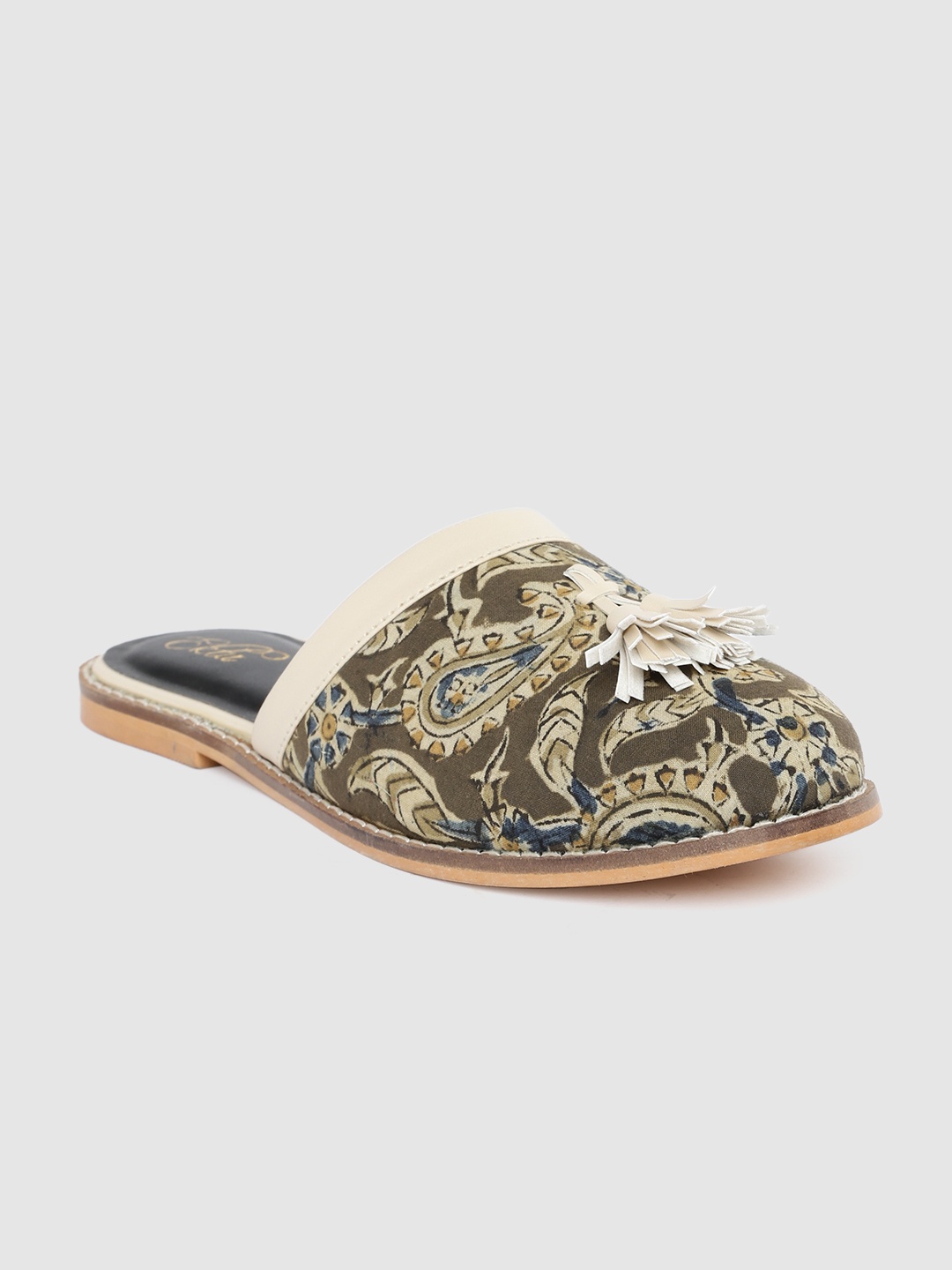 

Ekta Women Olive Green & Blue Kalamkari Printed Mules with Tassels