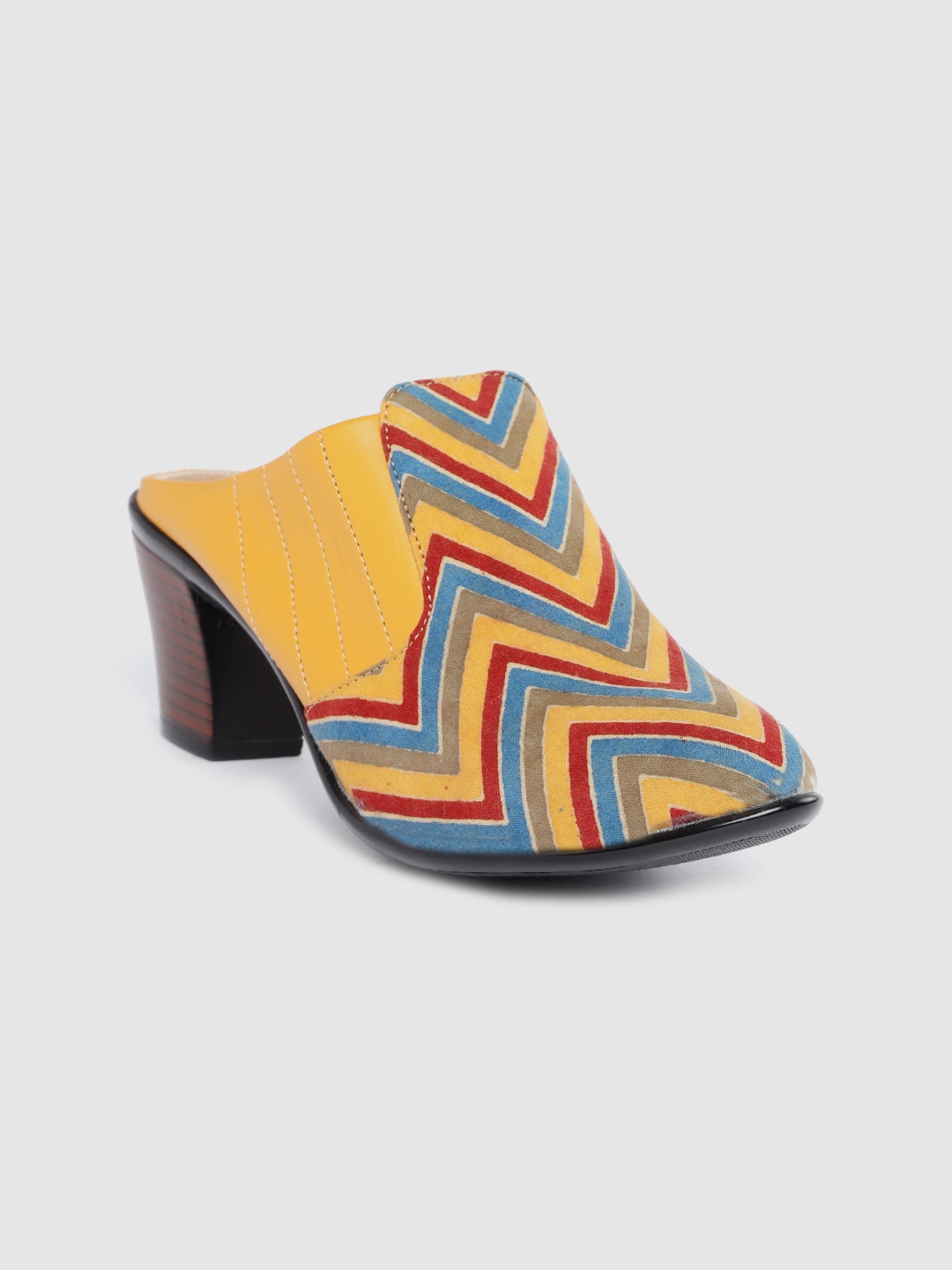 

Ekta Women Yellow & Blue Chevron Block Mules