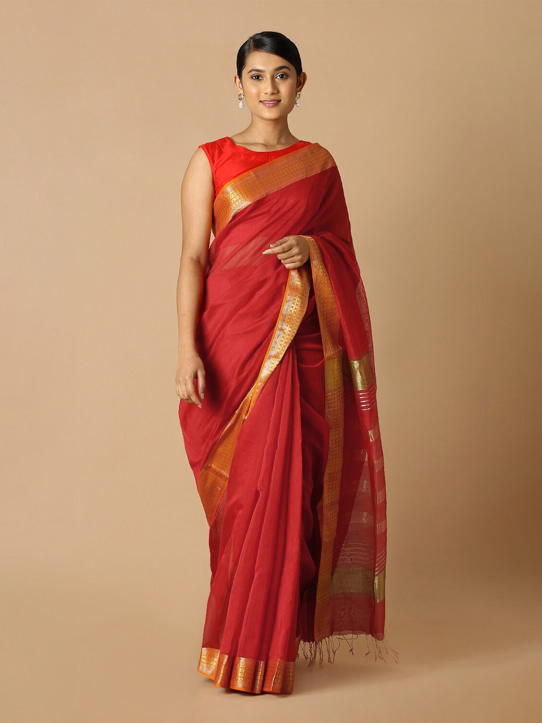 

Taneira Red & Gold-Toned Zari Silk Cotton Maheshwari Saree