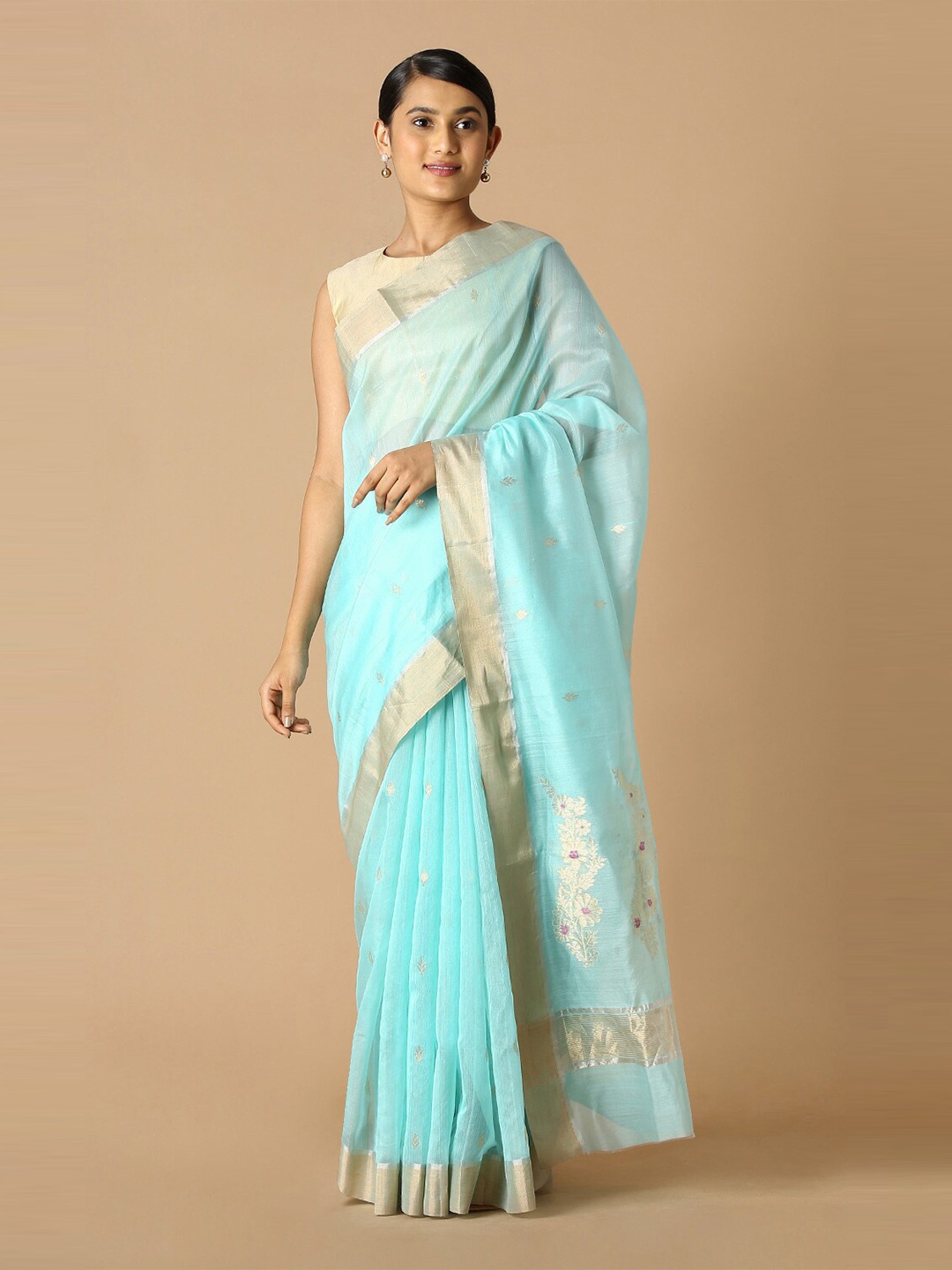 

Taneira Blue & Gold-Toned Woven Design Zari Silk Cotton Chanderi Saree