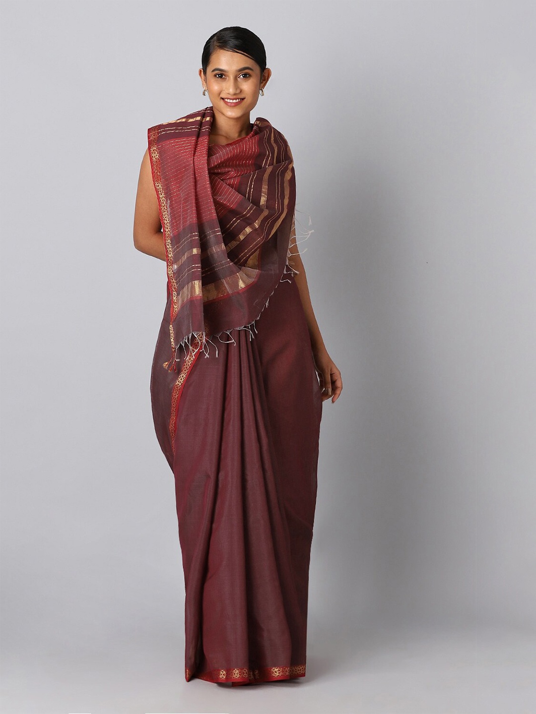 

Taneira Violet & Gold-Toned Zari Silk Cotton Maheshwari Saree