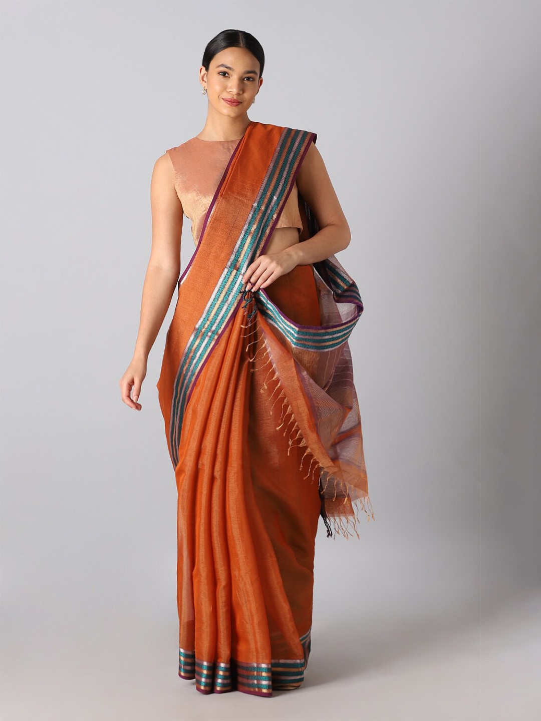 

Taneira Orange & Blue Zari Tissue Maheshwari Saree