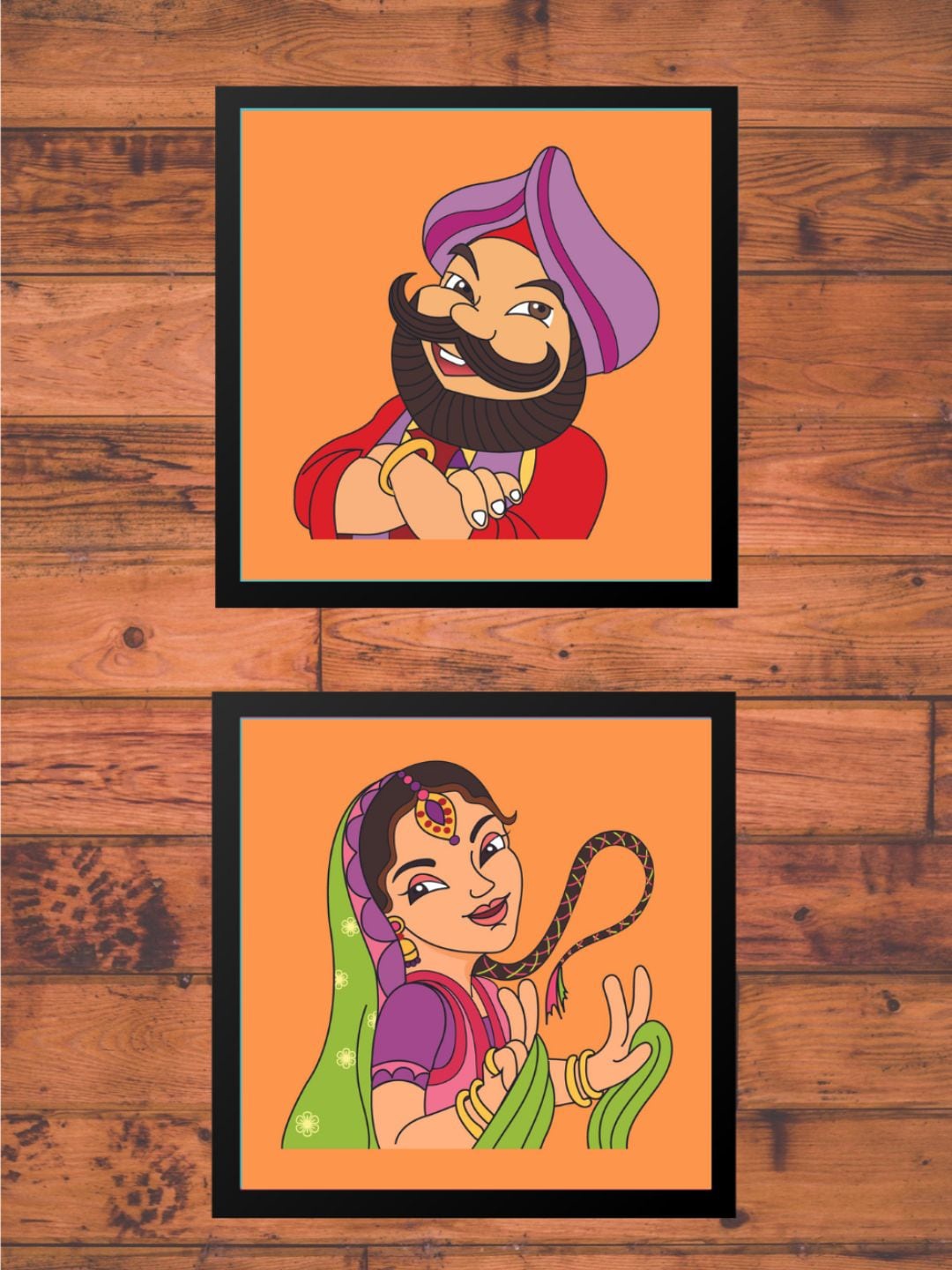 Gathari Orange & Green Pack of 2 Punjabi Couple Poster Wooden Framed Wall Arts