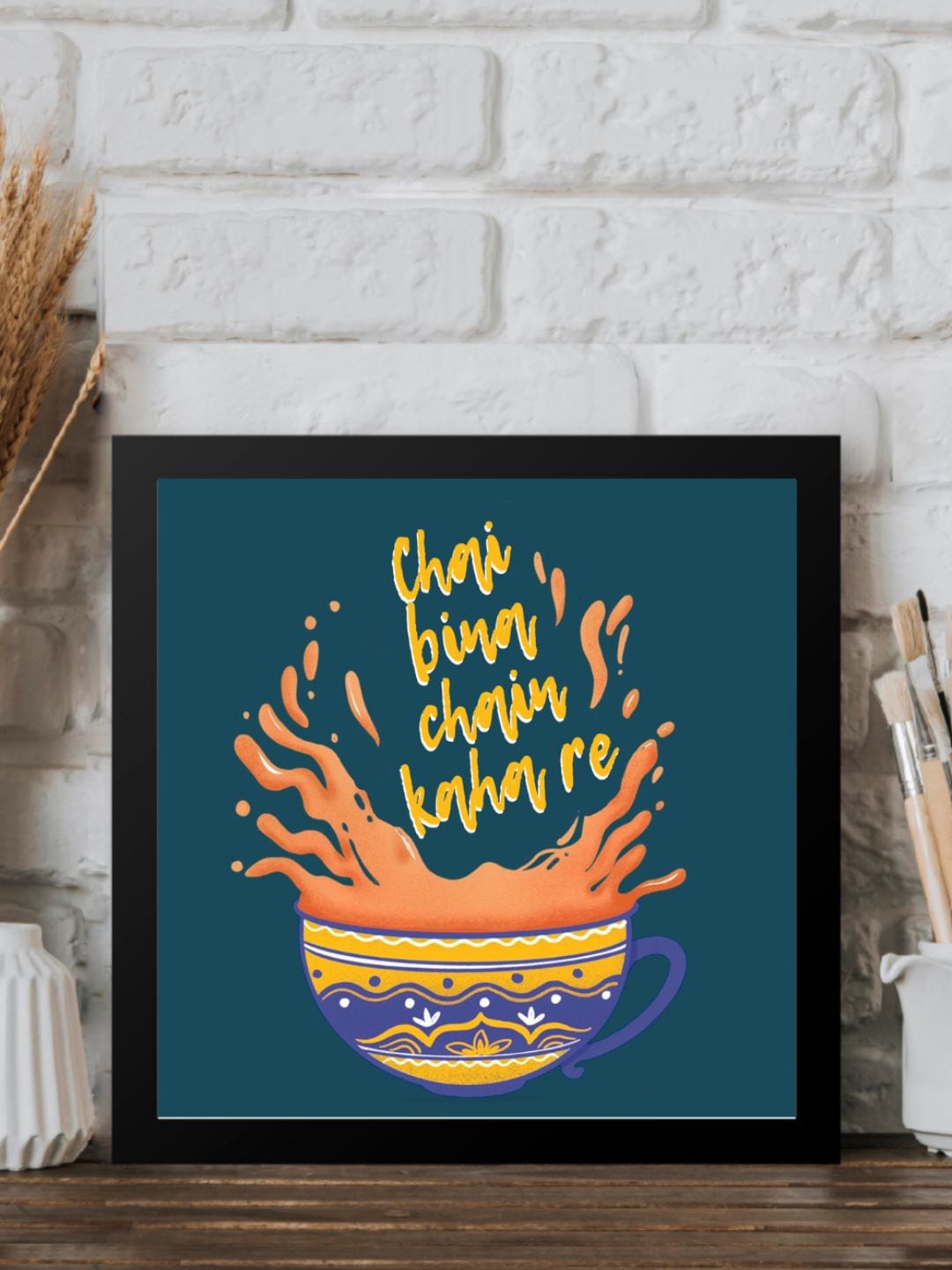 

Gathari Blue & Yellow Chai Bina chain Kaha Re Quotes Wall Painting
