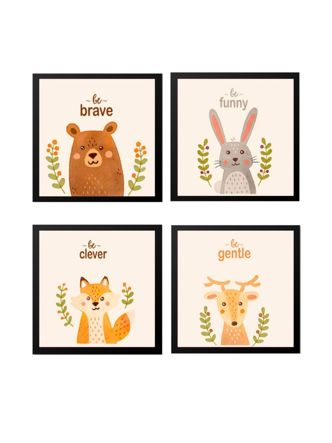 Gathari Orange & Black Set Of 4- Cartoon Characters Printed Wall Art