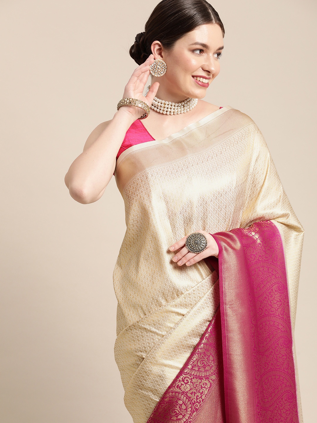 

Pothys Cream-Coloured & Magenta Ethnic Motifs Art Silk Banarasi Saree