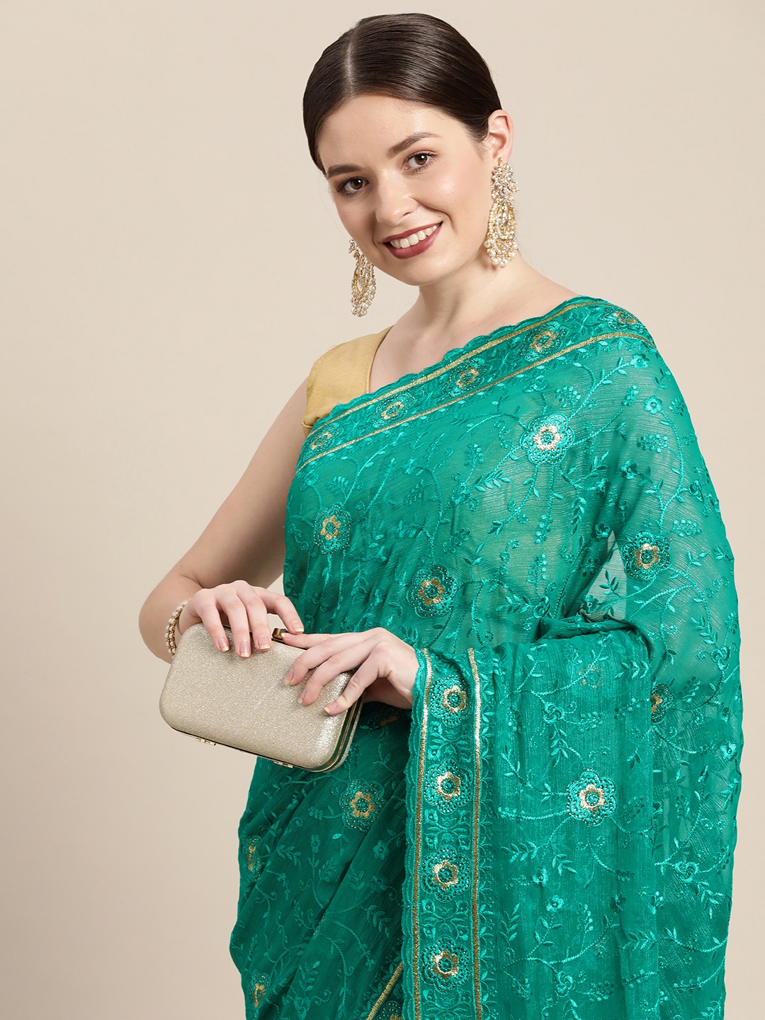 

Pothys Sea Green Ethnic Motifs Embroidered Pure Chiffon Saree with Blouse Piece