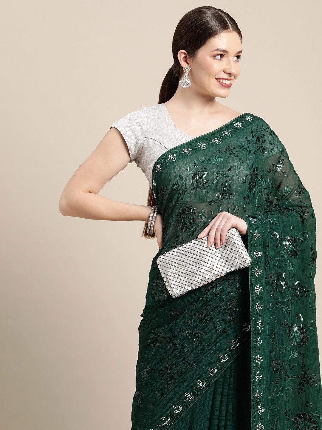 

Pothys Green Ethnic Motifs Sequinned Pure Chiffon Saree