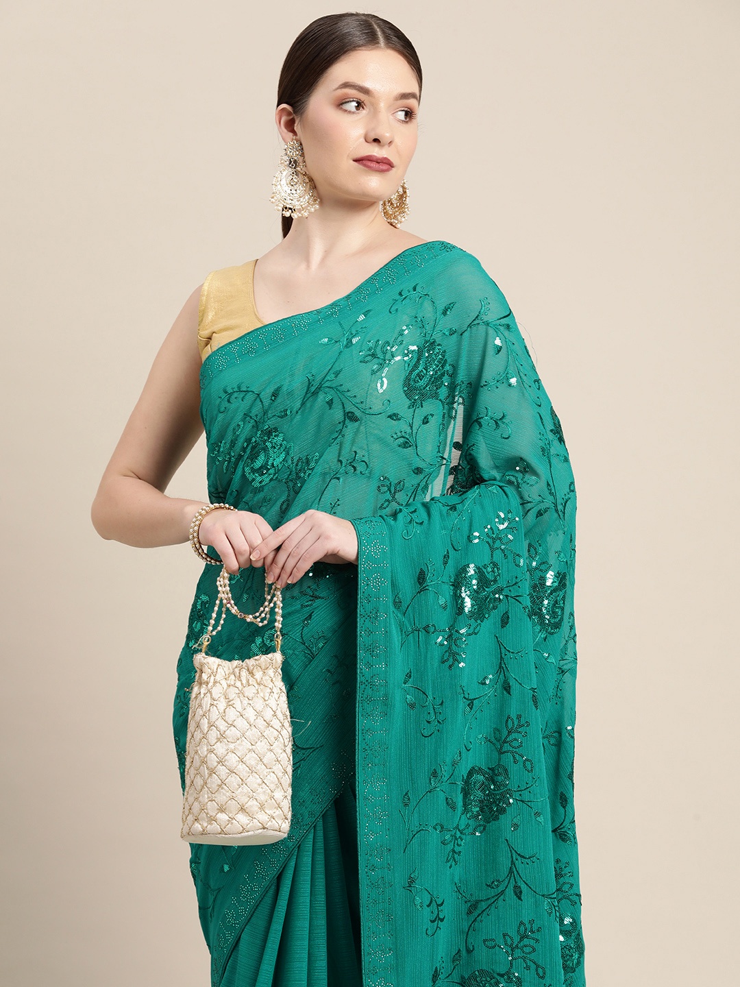 

Pothys Sea Green Ethnic Motifs Embroidered Sequinned Pure Chiffon Saree with Blouse Piece