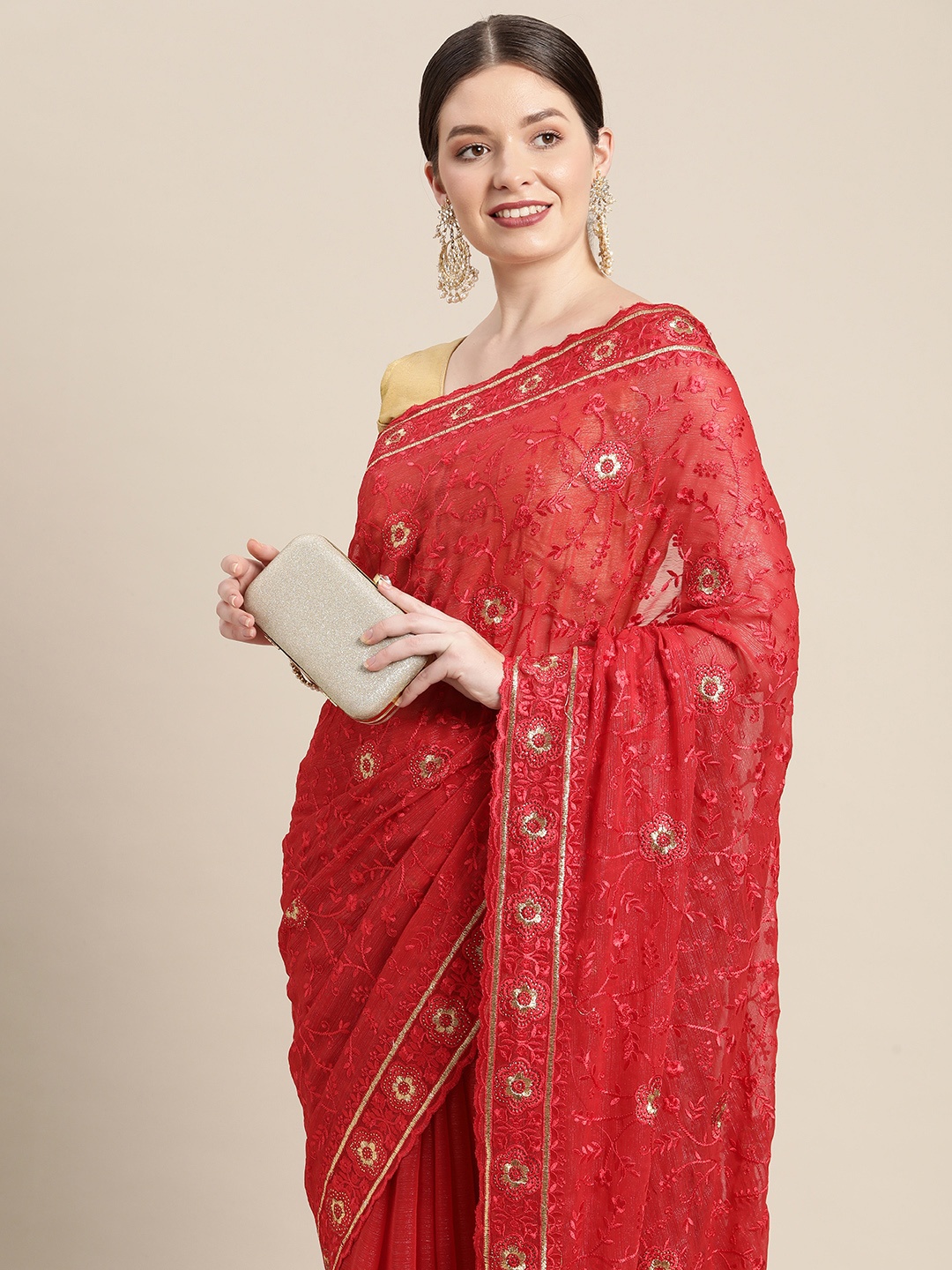 

Pothys Red Ethnic Motifs Embroidered Pure Chiffon Saree with Blouse Piece