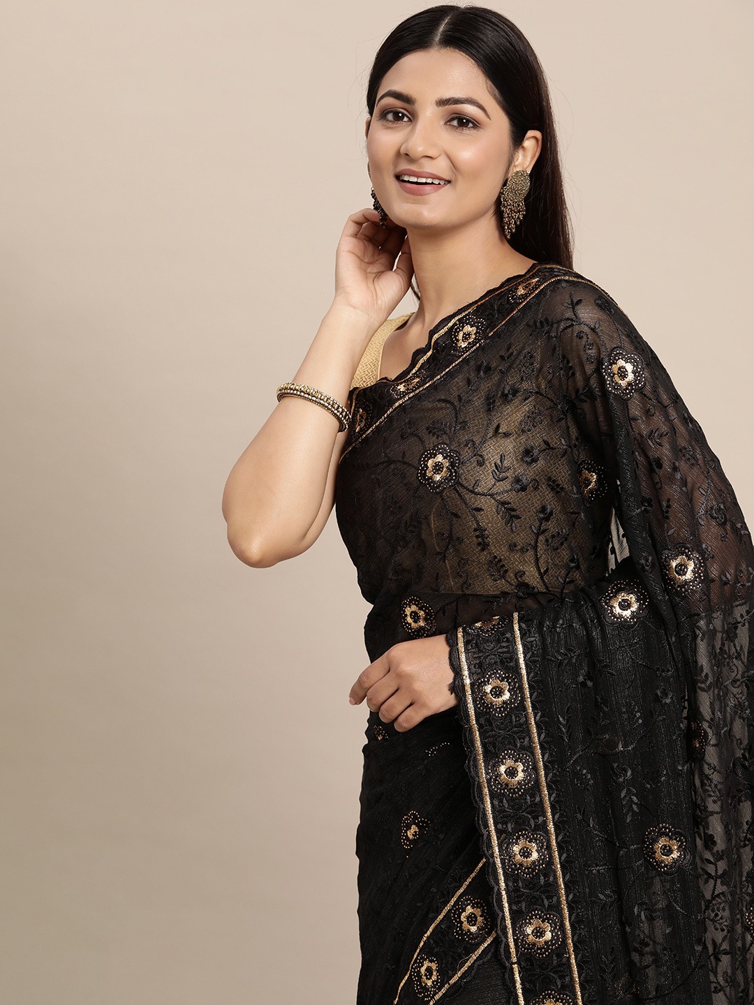 

Pothys Floral Sequinned Pure Chiffon Heavy Work Saree, Black