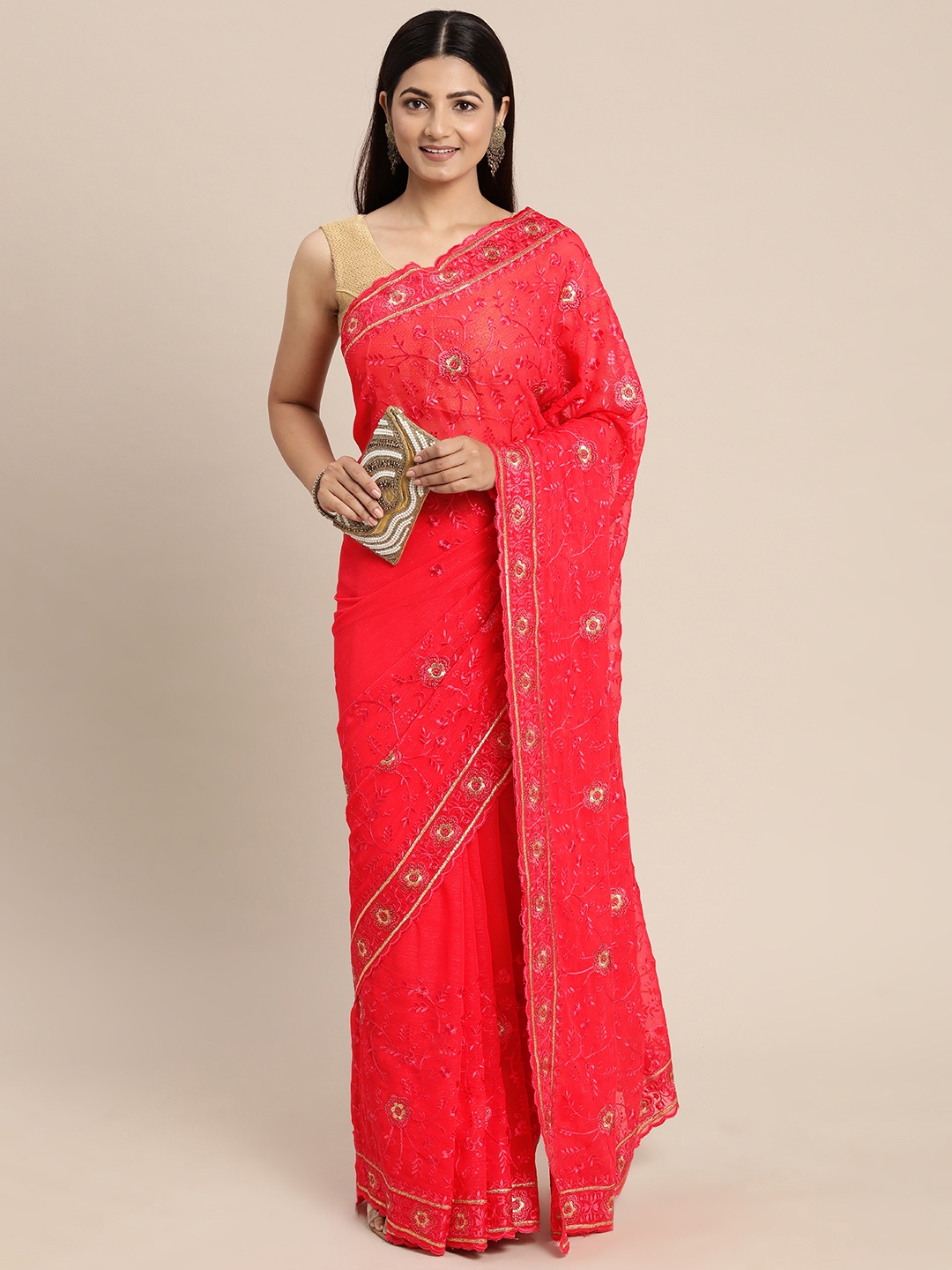 

Pothys Floral Sequinned Pure Chiffon Saree, Pink