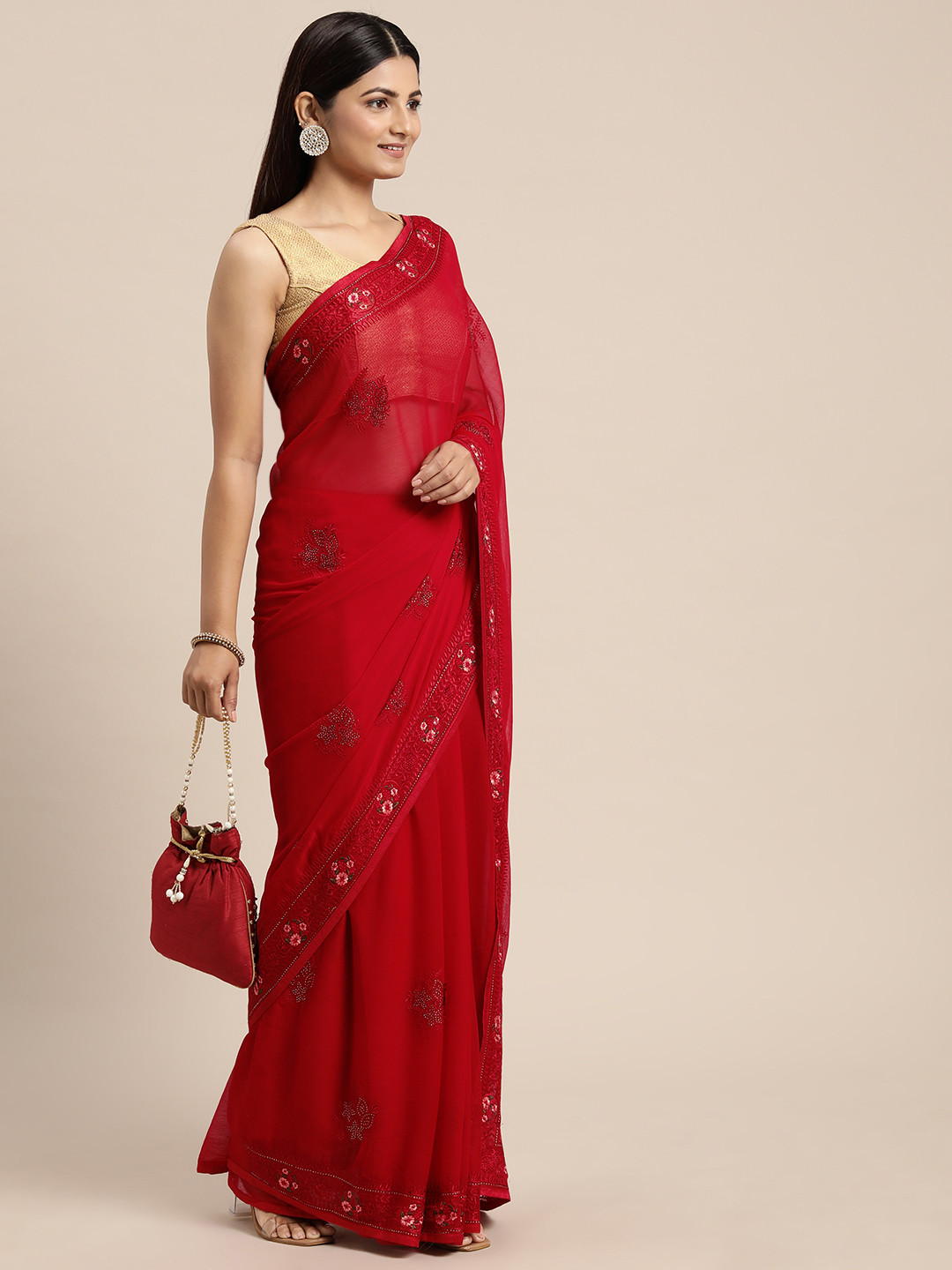 

Pothys Floral Beads and Stones Pure Chiffon Saree, Red