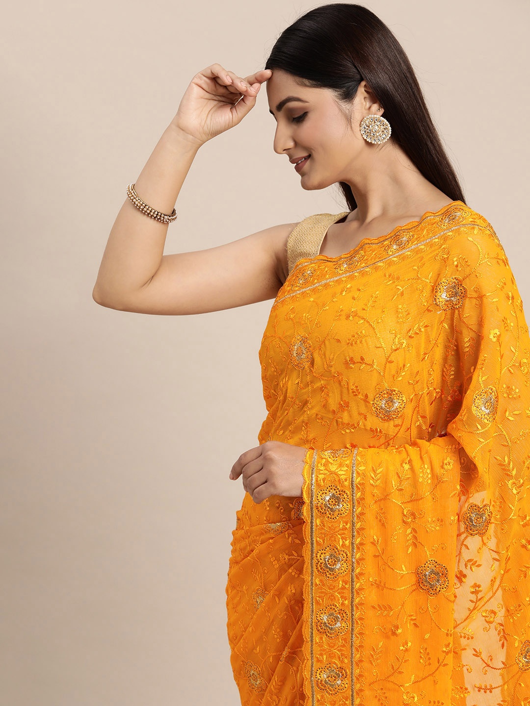 

Pothys Floral Sequinned Heavy Work Pure Chiffon Saree, Mustard