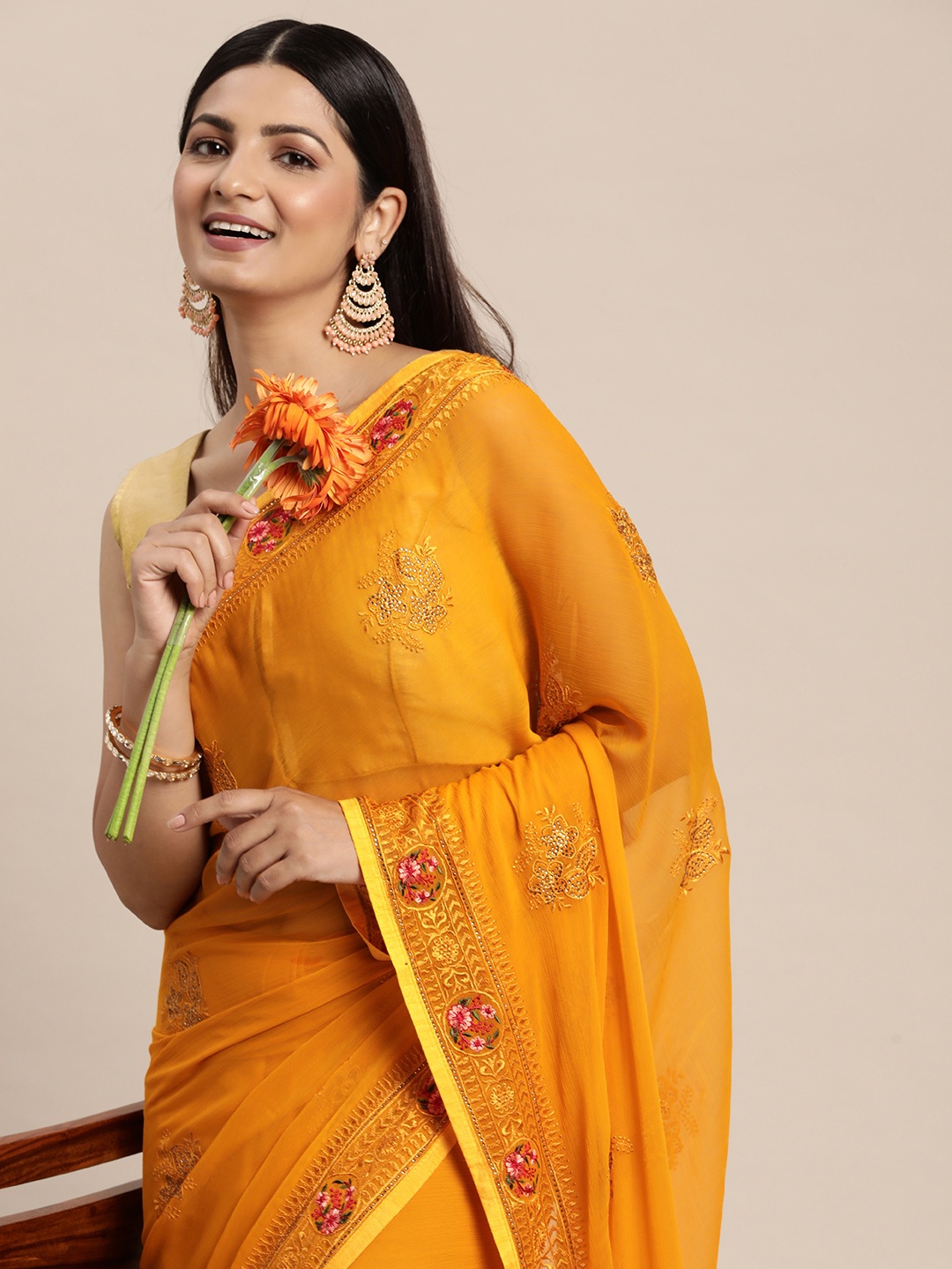 

Pothys Floral Beads and Stones Pure Chiffon Saree, Mustard