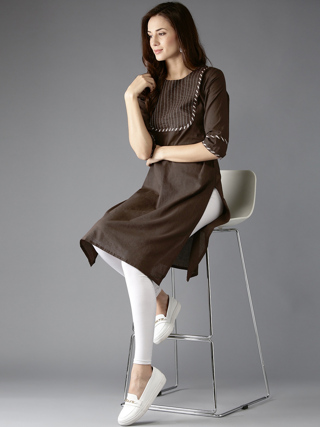 

Moda Rapido Women Thread Work Straight Cotton Kurta, Brown