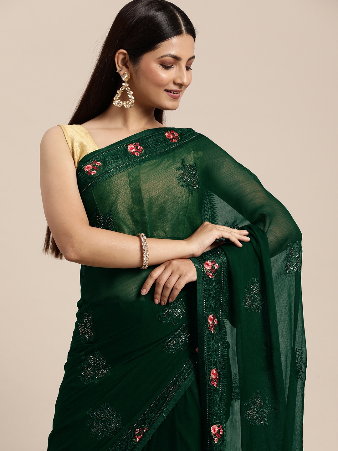 

Pothys Floral Beads and Stones Pure Chiffon Saree, Green