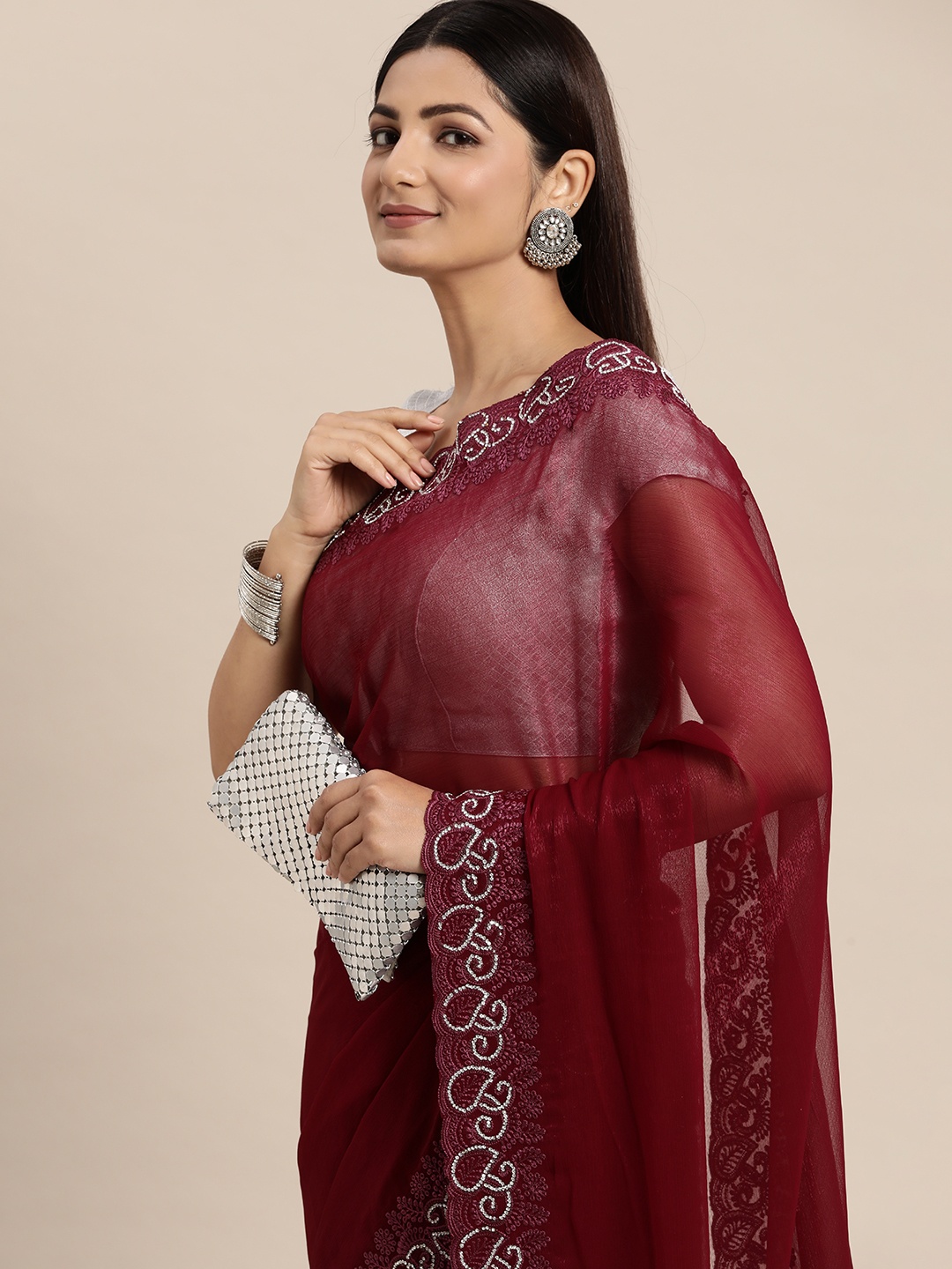 

Pothys Beads and Stones Tissue Saree, Burgundy