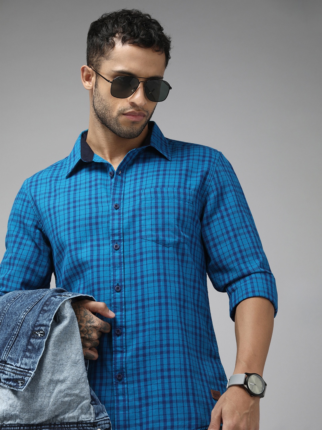 

Roadster Men Blue Comfort Tartan Checks Pure Cotton Casual Shirt