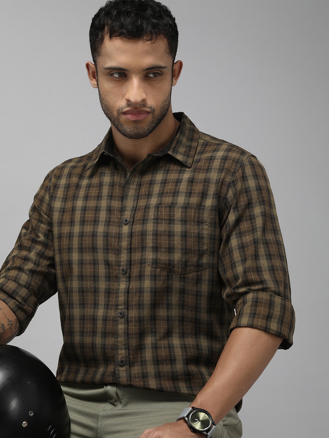 

Roadster Men Olive Brown Comfort Tartan Checks Pure Cotton Casual Shirt