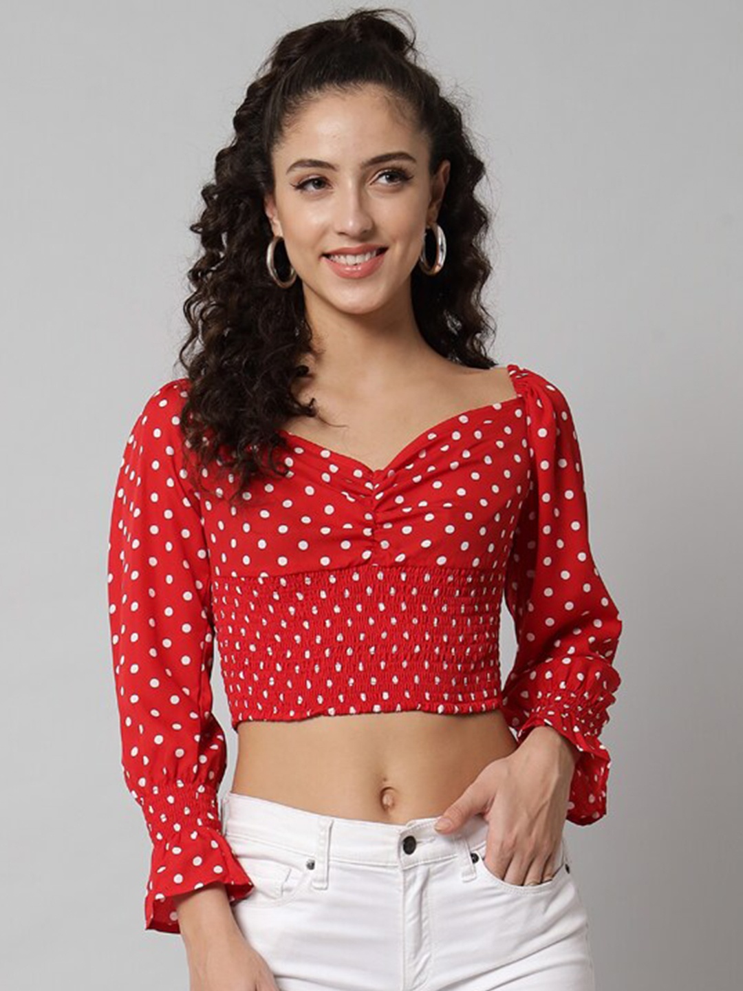 

emeros Red & White Print Sweetheart Neck Crepe Crop Top