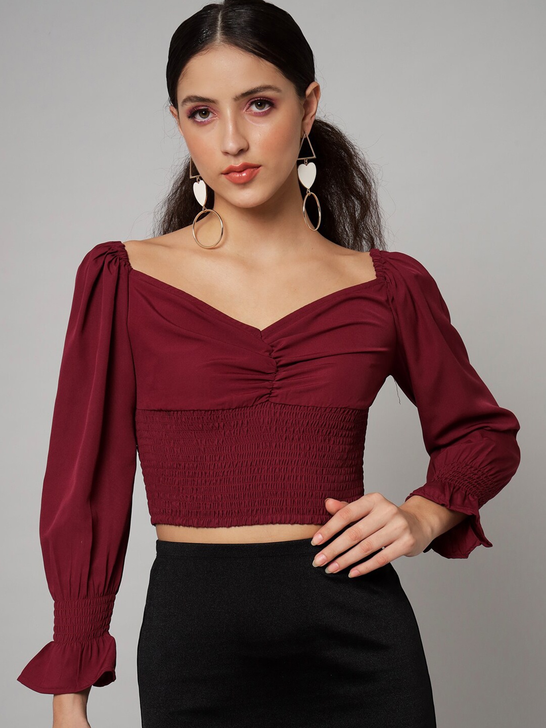

emeros Women Burgundy Smocked Crepe Crop Top
