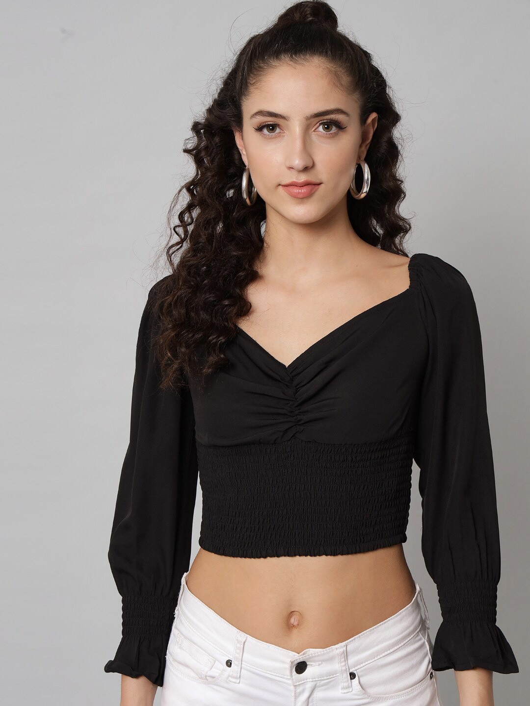 

emeros Women Black Smocked Crepe Crop Top