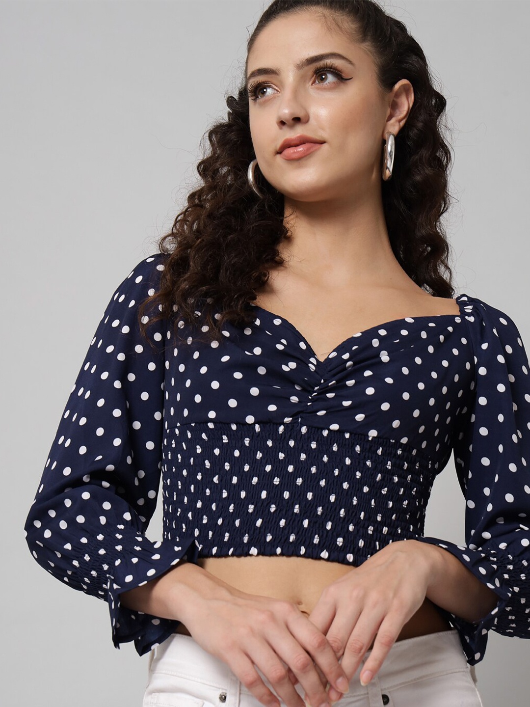 

emeros Navy Blue Print Sweetheart Neck Crepe Blouson Crop Top