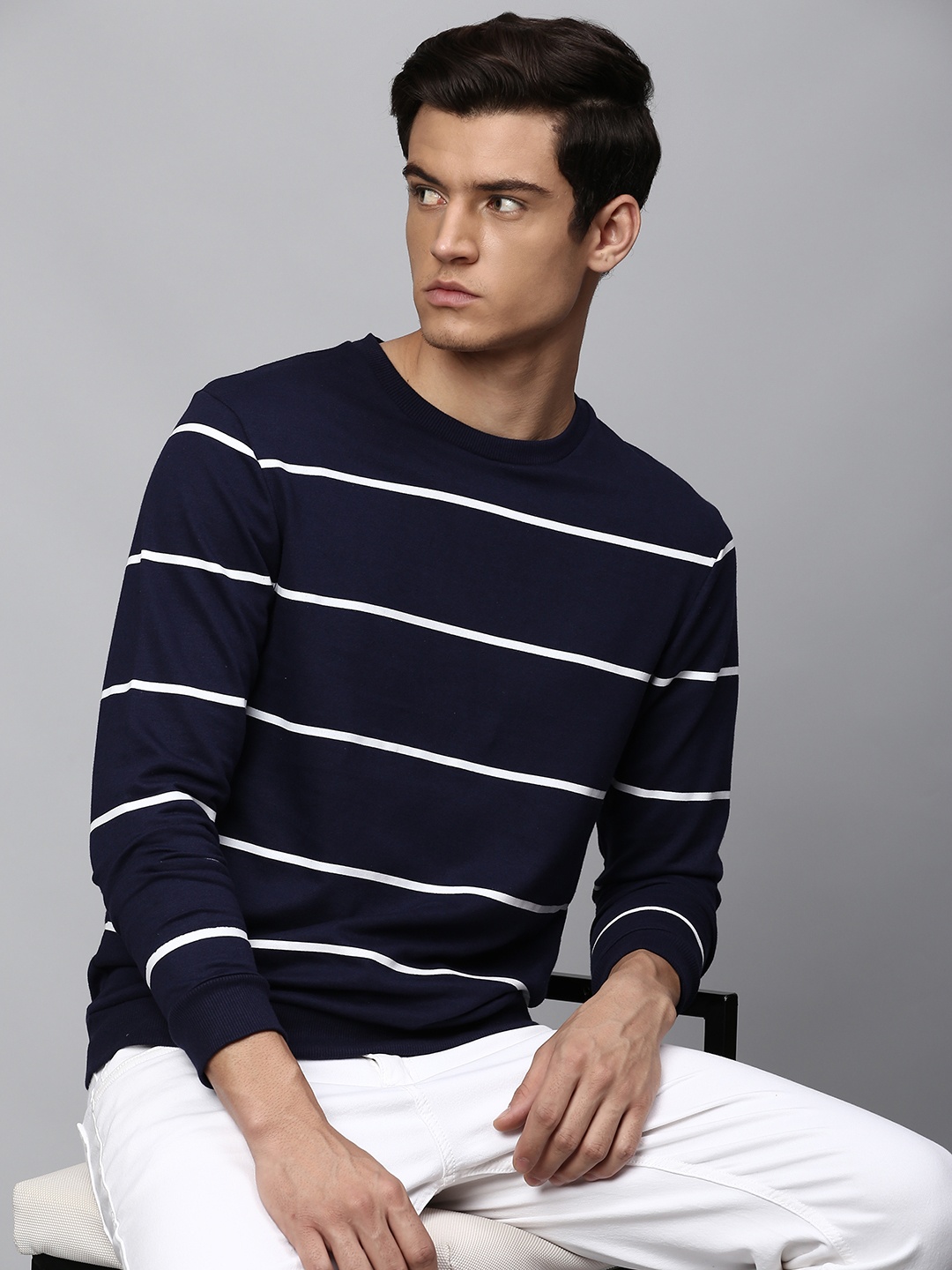 

Dennis Lingo Men Navy Blue Striped Sweatshirt