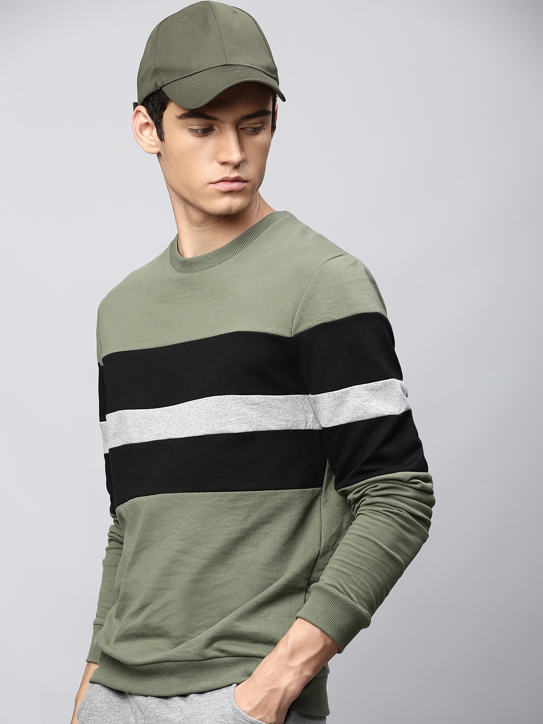 

Dennis Lingo Men Olive Green Striped Sweatshirt