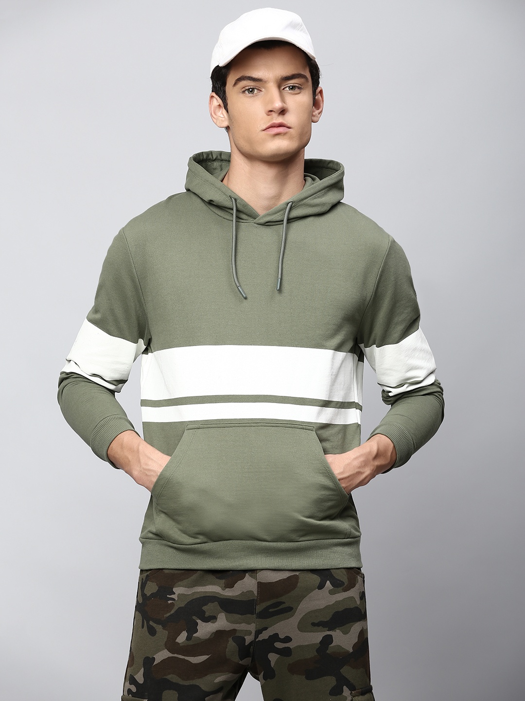 

Dennis Lingo Men Olive Green Colourblocked Hooded Sweatshirt