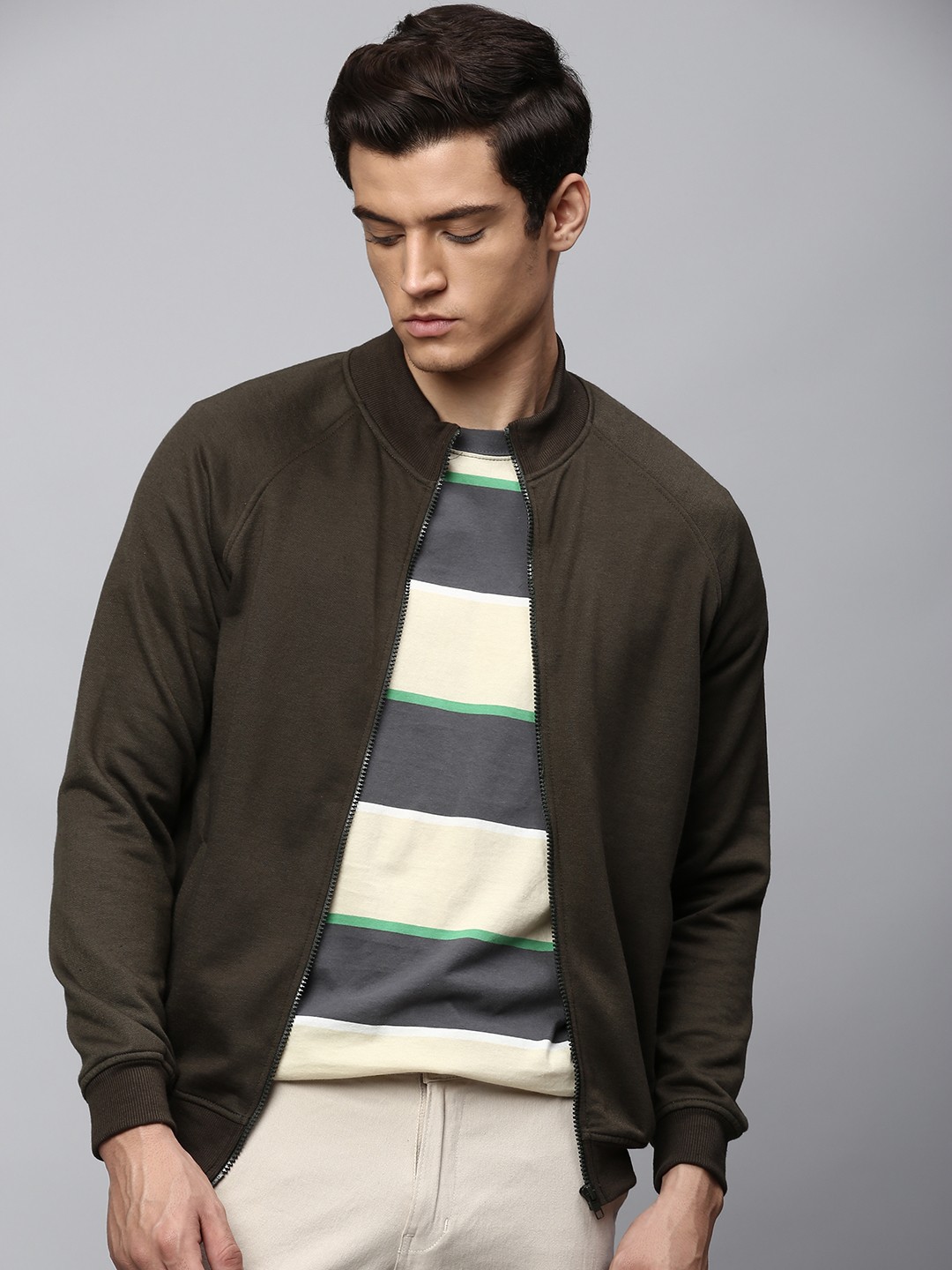 

Dennis Lingo Men Olive Green Front Open Zipper Sweatshirt