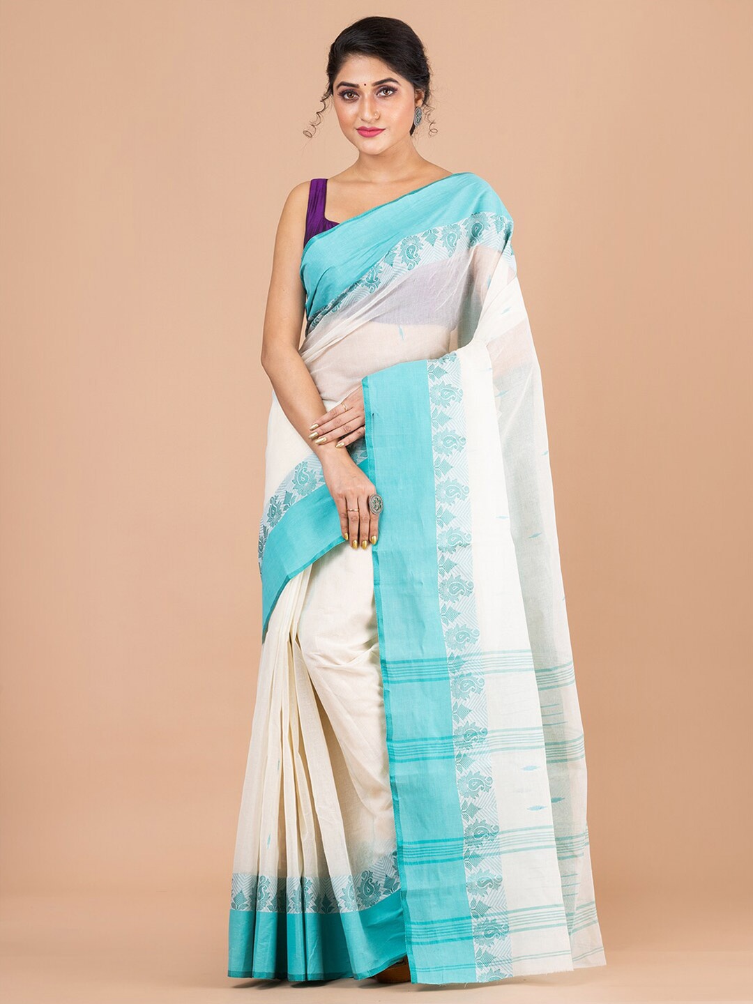 

Laa Calcutta Off White And Blue Woven Design Pure Cotton Jamdani Saree