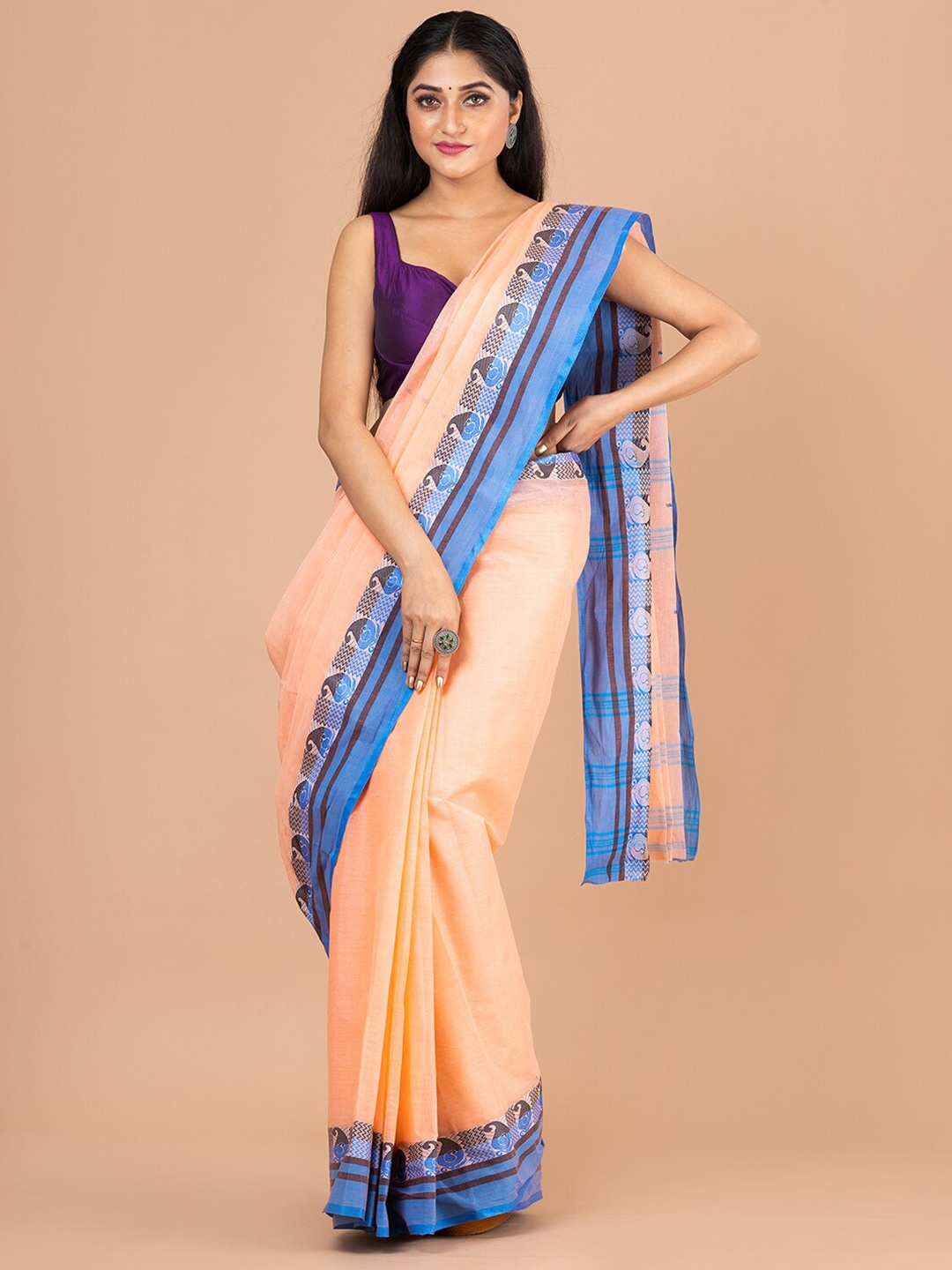 

Laa Calcutta Beige And Blue Woven Design Border Pure Cotton Jamdani Saree