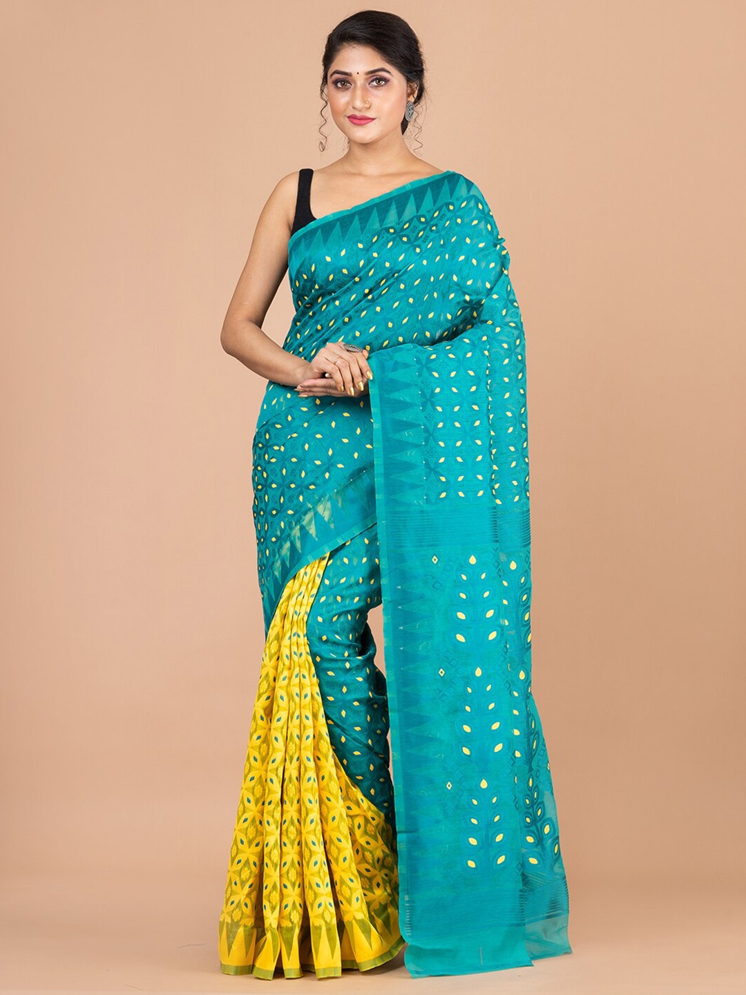 

Laa Calcutta Teal & Yellow Woven Design Pure Cotton Jamdani Saree